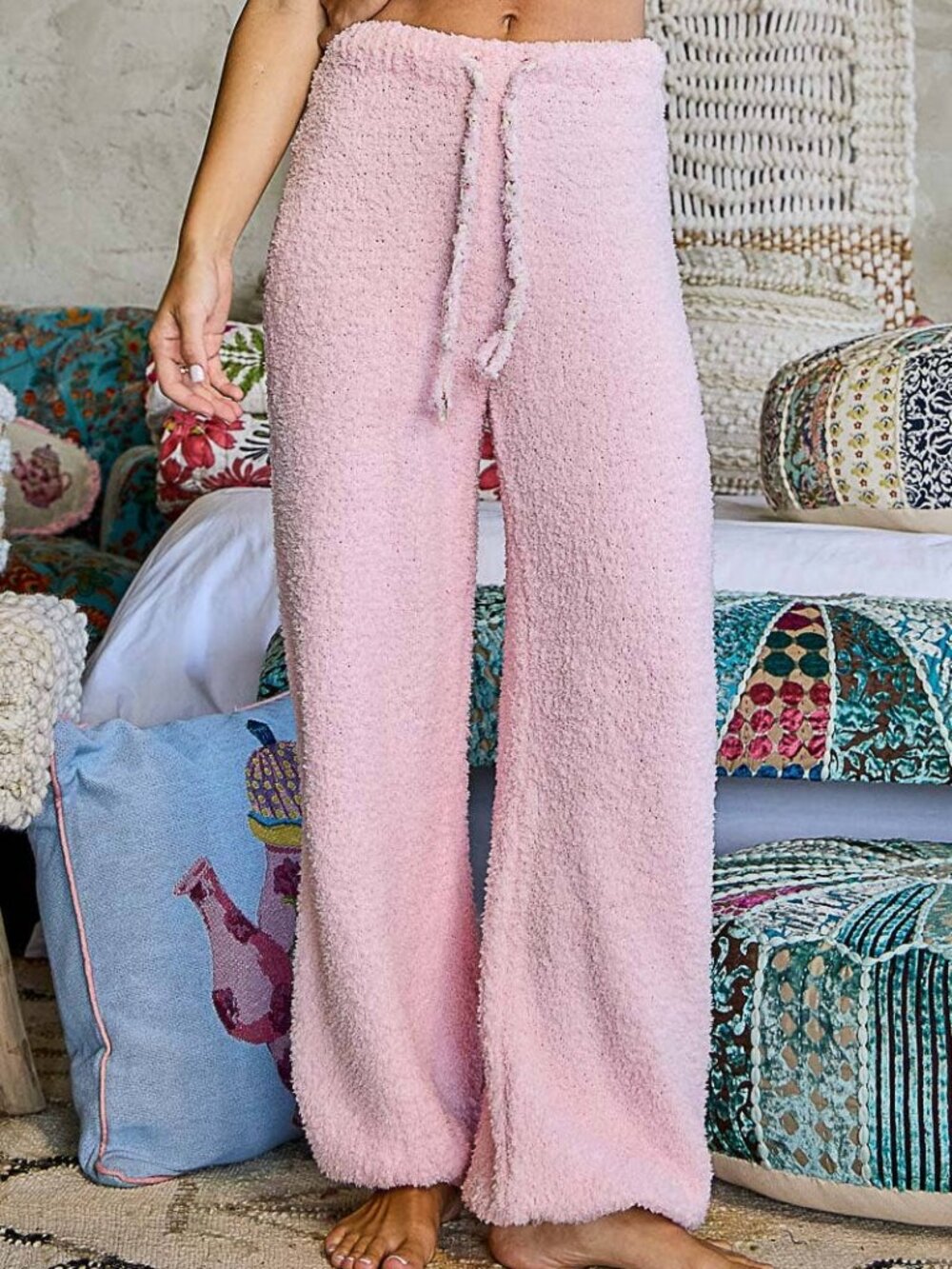 NWT POL Solid Adjustable Drawstring Waist Pink Casual FLUFFY Sweater Pants